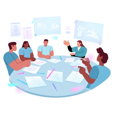 A group of people is gathered around a large table covered with sheets of paper and colorful markers. Various storyboard panels are laid out in front of them, showcasing a sequence of scenes. Some team members are sketching characters on separate sheets, using vibrant colors to bring their designs to life. Others are discussing ideas while pointing at the panels, showing a collaborative atmosphere. In the background, there are references and concept art pinned to the wall, adding to the creative environment.