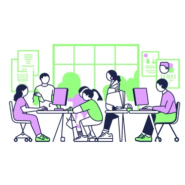 A modern classroom setting is filled with students taking an online exam on computers. Each student is seated at a sleek desk with a computer screen in front of them. They are focused, typing on the keyboards. The room has large windows allowing natural light to enter, illuminating the space. On the walls, there are motivational posters and academic charts. A teacher is visible at the front of the room, monitoring the students and ensuring a quiet environment. Some students are wearing headphones while others have their eyes fixed on the screens. The computers are equipped with ergonomic keyboards and flat screens.