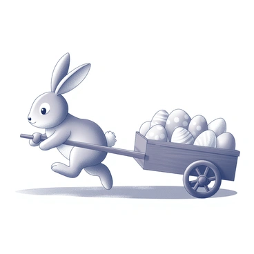 A bunny with long ears and a fluffy tail is pulling a wooden cart. The cart is overflowing with oversized Easter eggs of various shapes and patterns. The bunny has its front paws firmly grasping the cart handles, and its back legs are slightly bent as it exerts effort to pull. The cart is tilted dangerously to one side, with a few eggs on the verge of rolling off. The bunny's expression shows determination as it focuses on maintaining balance while navigating the uneven ground.