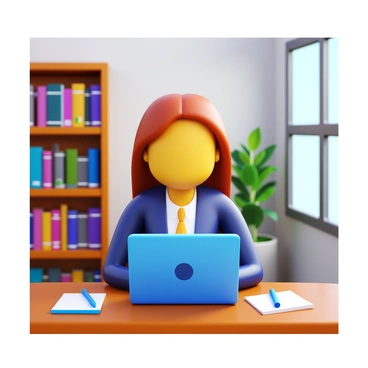 A business person seated at a desk in a home office. The individual is wearing a formal shirt and a blazer. The background features a bookshelf filled with books and a potted plant on the side. A laptop is open in front of the person, displaying a video conference interface. The business person is looking at the screen with a focused expression, and a notepad and pen are placed next to the laptop. The room is well-lit, with natural light coming through a window.