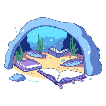 A group of sardines with silver scales is sitting in a circular formation on the sandy floor of a cozy underwater cave. Each sardine is delicately gripping a tiny book in its fins, with colorful covers reflecting soft underwater light. The cave is adorned with gentle coral and swaying seaweed, adding texture to the scene. Small bubbles rise around them, enhancing the tranquil atmosphere. The sardines appear focused as they "read" their books, creating a whimsical and charming underwater gathering.