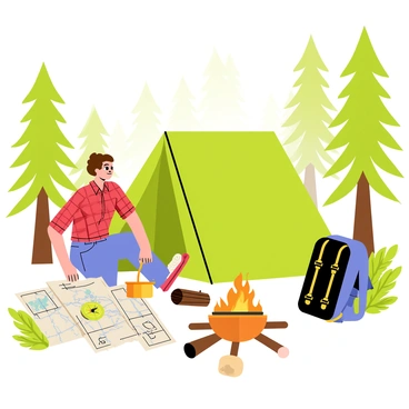 A woman with short brown hair is setting up a green tent in a forested area, surrounded by tall pine trees. She is wearing a red plaid shirt and blue jeans. Nearby, a small campfire is crackling with bright orange flames, and she is cooking a pot of soup over the fire. A detailed topographic map is spread out on a log in front of her, with a compass resting next to it. A backpack with hiking gear is leaning against a tree, and the sun is shining brightly through the leaves, creating dappled light across the scene.