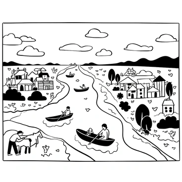 A large expanse of the Euphrates River overflowing its banks, with turbulent water surging into the surrounding fields. Nearby settlements are depicted with thatched roofs of small houses partially submerged under water. There are villagers on wooden boats navigating through the flooded streets, while others are seen rescuing livestock from the rising waters. Debris and tree branches float on the surface, illustrating the impact of the flood. The sky is filled with dark clouds, indicating a recent storm that contributed to the floodwaters. The scene captures the urgency and chaos of the historical event.