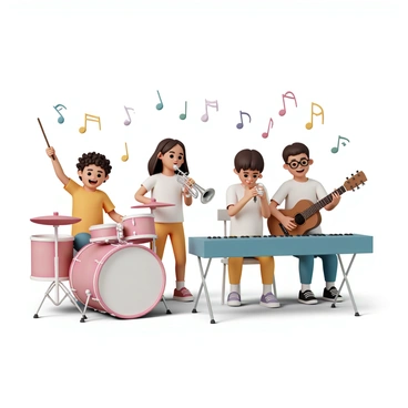 A group of four children is performing in a small band, each playing a different musical instrument. On the left, a boy with curly hair is enthusiastically playing a bright red drum set, with drumsticks raised high in the air. Next to him, a girl with long brown hair is holding a shiny silver trumpet, her lips pursed as she blows into it. On the opposite side, a boy with glasses is strumming a wooden guitar, his face focused yet cheerful. Finally, a girl with short hair is playing a blue keyboard, her fingers dancing across the keys. They are all smiling, fully engaged in their performance, surrounded by colorful music notes floating in the air.
