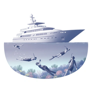A group of several tourists is snorkeling in the ocean. They are wearing snorkeling gear, including masks and fins. Some are floating on the surface, while others are diving underwater. Nearby, a large yacht is anchored, partially visible above the waterline with its hull reflecting the light. The area surrounding the yacht features a vibrant coral reef, visible just below the surface, showcasing various coral formations and marine life. The scene captures a sense of adventure and exploration.