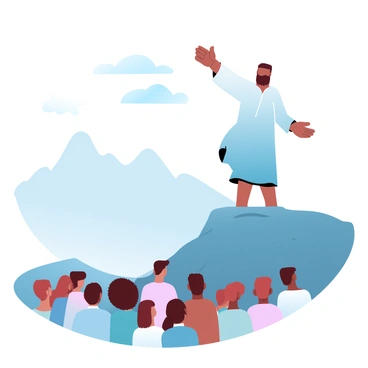 A preacher standing on a rocky mountaintop is gesturing towards the sky with one arm extended. He is wearing a long, flowing robe that billows slightly in the wind. Below him, a diverse congregation is gathered on the slope, listening intently. Some members are seated on the ground, while others are standing, providing a sense of community. The background features a vast expanse of mountains and a bright blue sky with soft, gradient pastel clouds. The scene conveys a sense of connection between the preacher and the congregation, united by the moment.