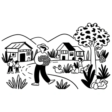A coffee farmer wearing a straw hat is walking through a rural village surrounded by lush coffee plants. There are several small, traditional houses with thatched roofs lining the dirt path. The farmer carries a woven basket filled with freshly harvested coffee cherries. Children are playing nearby, and a few villagers are engaged in conversation under the shade of a large tree. The landscape features rolling hills in the background, and there are occasional chickens pecking at the ground along the pathway.