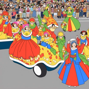 A vibrant parade scene featuring colorful floats with intricate designs and bright patterns. Each float is adorned with large, cheerful decorations such as oversized flowers and playful animals. Participants in the parade wear elaborate costumes, showcasing a mix of vivid hues like red, blue, yellow, and green, with details such as feathers and sequins that catch the light. Some of the costumed individuals are dancing joyfully, while others are waving to the crowd. The background includes a cheering audience, capturing the festive atmosphere of the Carnival of Nice.