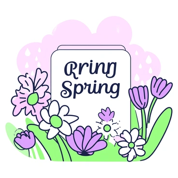 An illustrated scene depicting a short poem about "spring" written in elegant script. Surrounding the poem are various blooming flowers in vibrant forms, including daisies, tulips, and cherry blossoms. Each flower is detailed with petals unfurling and stems reaching outward. Above the flowers, gentle raindrops are falling, creating a sense of softness in the atmosphere. The background features a light, flowing representation of clouds, enhancing the feeling of the spring season.
