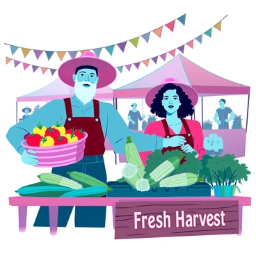 Two farmers with sun-kissed skin and straw hats are standing proudly at a bustling harvest festival market. One farmer, a middle-aged man with a thick beard, holds a basket overflowing with vibrant red tomatoes and yellow bell peppers. The other farmer, a young woman with curly hair, is arranging a display of bright green zucchinis and freshly picked corn on a table. In the background, colorful banners flutter above the market stalls, and various customers examine the fresh produce. A wooden sign beside the table reads "Fresh Harvest" in bold letters. The setting is filled with the rich colors of fruits and vegetables, showcasing the bounty of the season.