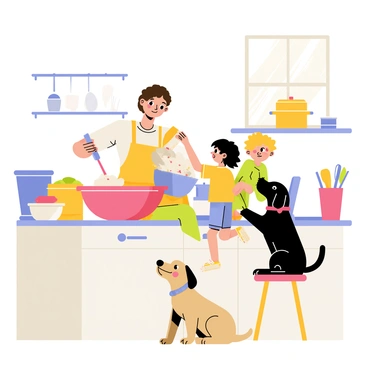 A kitchen scene featuring a family cooking together. A mother with brown hair is stirring a large mixing bowl filled with colorful ingredients. Two kids, one with curly blonde hair and the other with straight black hair, are standing on a stool, eagerly pouring flour into the bowl. A playful dog is sitting nearby, looking up at the family with a wagging tail. The kitchen is bright and filled with pots, utensils, and a window showing a sunny day outside. "Laughter" and "togetherness" can be felt in this lively atmosphere.
