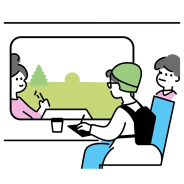 An artist drawing on a tablet while traveling on a train