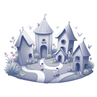 A lush fairy garden filled with tiny houses made of leaves and flowers, bustling with fairy activity.