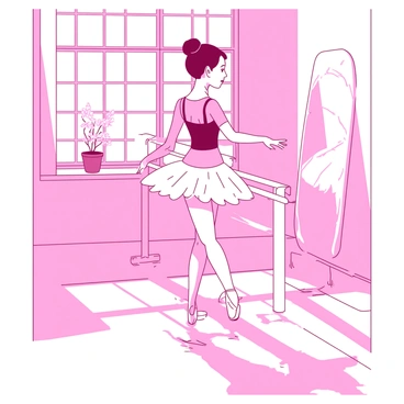 A pink ballet dancer is positioned at a white barre in a sunlit studio. The dancer is wearing a fitted pink leotard and a white tutu, with her hair tied back in a sleek bun. Sunlight streams through large windows, casting soft light across the polished wooden floor. In the background, mirrors reflect the dancer's graceful posture as she practices her movements. A small potted plant sits on the windowsill, adding a touch of greenery to the scene.