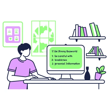 A teenager is sitting at a desk in their bedroom, focused on using a computer. The room is equipped with a colorful poster on the wall. On the screen, "Digital Safety Tips" are prominently displayed in a clear layout. The tips include points such as "Use Strong Passwords," "Be Careful with Personal Information," and "Enable Two-Factor Authentication." The teenager has short hair and is wearing a comfortable t-shirt. There is a bookshelf in the background filled with various books and a small plant on the desk next to the computer. A window reveals a glimpse of nature outside.