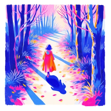 A figure is walking down a narrow, winding path surrounded by tall trees. The figure is dressed in a flowing cloak that catches the breeze. Dark shadows stretch along the ground, following closely behind the figure, shaped like elongated silhouettes. The path is lined with scattered leaves and patches of grass. The light filters through the branches, creating a contrast with the deep shadows on the ground. The atmosphere is tense, reflecting a sense of unease as the figure moves forward.