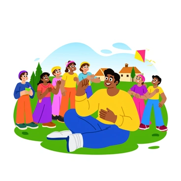Gabbar Singh is sitting on the ground, surrounded by a group of cheerful village children. He has a wide, friendly grin on his face and is playfully holding a small, colorful kite. The children, a mix of boys and girls, are laughing and looking up at him with joy and admiration. Their clothes are simple and colorful, reflecting the village lifestyle, while the setting is a sunny day with lush green grass beneath them. In the background, there are rustic village houses and a few trees swaying gently in the breeze, creating a warm and inviting atmosphere.