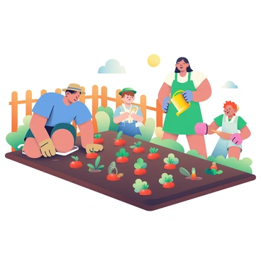 A family of four is working together in a backyard vegetable garden. The father, wearing a blue t-shirt and straw hat, is kneeling down, carefully planting young tomato seedlings in neat rows. Next to him, the mother, in a green sundress and gloves, is using a small spade to turn the soil. Their two children, a boy and a girl, are joyfully watering the plants with a bright yellow watering can. A wooden fence surrounds the garden, and a variety of vegetables like carrots, lettuce, and peppers can be seen growing in the rich, dark soil. The sun is shining down, creating a warm and inviting atmosphere.
