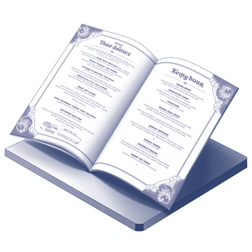 An elegant restaurant menu displayed on a polished wooden surface. The menu showcases various traditional Chinese dishes, each item labeled with elegant calligraphy. Decorative motifs, such as delicate cherry blossoms and intricate waves, frame the menu's edges. The menu is open to reveal sections for appetizers, main courses, and desserts, each elegantly organized. The background features subtle symbols of Chinese culture, enhancing the menu's traditional theme.