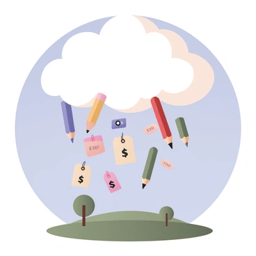 A digital flat illustration depicting a fluffy white cloud in a bright blue sky. The cloud is releasing small, colorful price tags that are falling downward. Along with the price tags, there are various colored pencils tumbling from the cloud, each with different colors like red, blue, green, and yellow. The price tags have a variety of prices printed on them in bold numbers. The background features a simple landscape with green grass and a few whimsical, round trees.