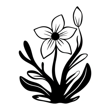A single tropical flower with detailed petals is prominently centered in the image. The flower features intricate patterns and textures on each petal, showcasing its unique structure. Surrounding the flower are various green leaves, adding depth to the composition. The background remains simple to highlight the flower's form and details.