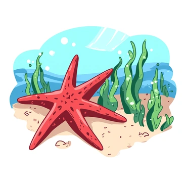 A vibrant red starfish is resting on the ocean floor, surrounded by green kelp roots that sway gently in the water. The starfish has five distinct arms, each adorned with intricate patterns. Sunlight filters through the water, casting soft shadows around the starfish and highlighting the textures of the sandy ocean floor. Small bubbles rise around the kelp, adding to the underwater scene. In the background, hints of other marine life can be seen, creating a lively aquatic habitat.