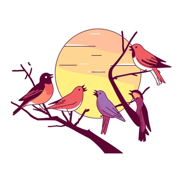 A vibrant array of birds in various colors are perched on thin, delicate branches of a tree. Each bird is singing harmoniously, their beaks open in song. The background displays a breathtaking sunrise, with soft gradients transitioning from orange to yellow, illuminating the sky. The branches are slightly swaying, adding a gentle motion to the scene. The sunlight casts warm glows on the birds, highlighting their feathers in the early morning light.