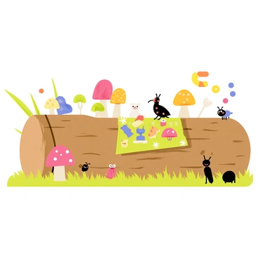 A cartoon-style illustration showing a group of friendly decomposers having a picnic on a large, brown decomposing log. Various colorful fungi with bright caps are growing on the log, some are speckled with white dots. Several insects, including a cheerful beetle and a few ants, are gathering around a small picnic blanket spread across the log. The blanket is adorned with tiny sandwiches and fruit. Tiny bacteria, depicted as smiling, round shapes in vibrant colors, are floating nearby, contributing to the lively atmosphere. The background features soft green grass and hints of sunlight filtering through leaves above.