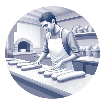 A boulanger shaping dough into perfect baguettes in a rustic bakery kitchen