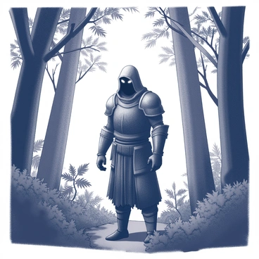 A shadowy figure stands poised in a forest. The warrior is clad in dark, tattered armor that allows them to blend seamlessly into the dense trees and underbrush. Their hood obscures most of their face, with only a faint glimmer of eyes visible. The forest is thick with tall trees that arch ominously overhead, casting intricate patterns of shadows on the forest floor. Various foliage surrounds the warrior, with dark, looming shapes adding to the sense of mystery. The atmosphere feels tense and secretive, as if the warrior is observing something from the depths of the trees.