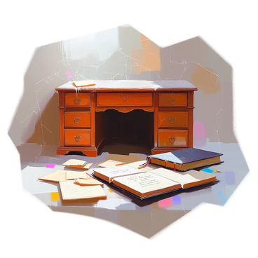A dusty attic bureau with cobwebs, old letters, and a forgotten diary