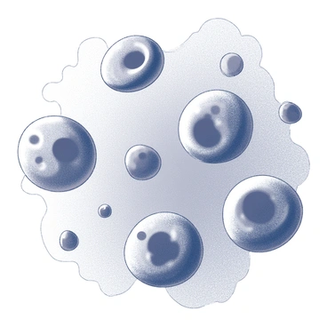 A close-up view of cancer cells under a microscope. The cells have irregular shapes and sizes, some are round while others exhibit elongated forms. The surface of the cells is textured with various protrusions, and the background features intricate, abstract patterns that mimic the chaotic nature of the cells. The overall composition presents a scientific perspective on cellular structure.