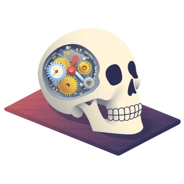 A detailed skull with a smooth surface rests on a wooden table. The skull has an exposed clock mechanism integrated into its cranium, showcasing intricate brass gears and silver cogs. The gears are in motion, with some ticking audibly, while the clock hands revolve around a circular dial embedded in the skull. The table has a rich, dark wood texture that contrasts with the metallic elements of the clock mechanism. Soft shadows cast by the gears create a striking visual against the background.