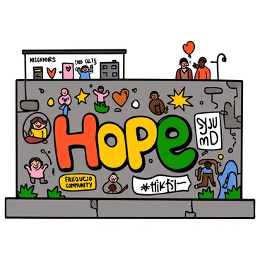 A wall in an urban setting covered in vibrant graffiti art. The mural features colorful images and symbols that emphasize "hope" and "community". There are various tags and illustrations showing diverse figures engaged in supportive actions, like children playing and neighbors helping each other. The background is a gritty texture of weathered concrete, contrasting with the bright colors of the graffiti, creating a lively focal point in the otherwise neglected neighborhood.
