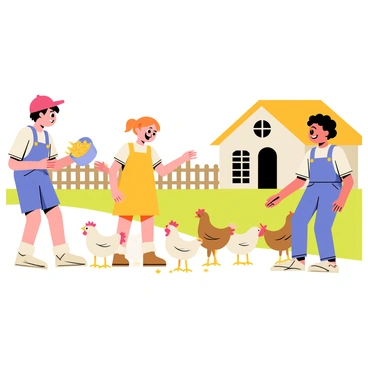 A group of three children, two boys and a girl, are joyfully feeding a flock of chickens in a sunny farmyard. One boy, wearing a red cap, is holding a small bucket filled with grains, while the girl, dressed in a yellow dress, is scattering the grains on the ground. The other boy, wearing blue overalls, is laughing as he watches the chickens peck at the grains. The chickens, a mix of white and brown, are energetically gathering around the children. In the background, there is a wooden fence and a small barn with a thatched roof. The scene conveys a sense of excitement and happiness as the children interact with the lively chickens.