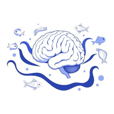 A brain with waves and sea creatures emerging from it