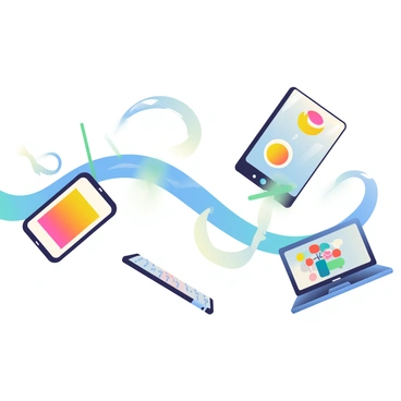 A series of connected devices, such as smartphones, laptops, and smart home gadgets, are displayed in a dynamic arrangement. A bright blue wave of electric energy surges through the devices, visually connecting them with glowing lines and arcs of light. Each device has distinct features, with the smartphone displaying a vibrant screen and the laptop open to a colorful user interface. The energy wave appears to pulse as it moves from one device to another, creating a sense of motion and interaction among them.