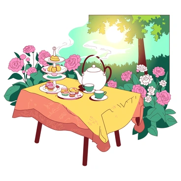 A yellow table is elegantly set for a tea party in a garden, surrounded by vibrant blooming flowers in various colors. The table is adorned with an orange tablecloth featuring intricate patterns. Each place setting includes mismatched teacups and saucers, showcasing shades of teal and pink. A white teapot sits at the center of the table, with steam rising gently from its spout. Delicate pastries and finger sandwiches are presented on a tiered stand, adding to the charming atmosphere of the scene. The sun filters through the leaves of nearby trees, casting a warm glow over the gathering.