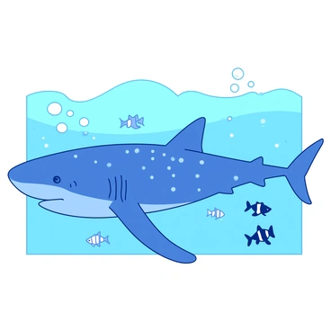 A blue whale shark is gliding gracefully through the water, its large body covered in white spots and stripes. Surrounding the whale shark, there are several small fish in various colors, swimming playfully. The water is clear, allowing sunlight to filter through, illuminating the scene. Bubbles are gently rising around the whale shark, adding an element of movement to the tranquil underwater environment.
