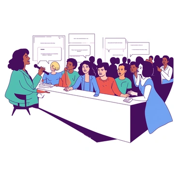 A panel discussion is taking place at a conference. The scene features a diverse group of speakers of different genders seated behind a long white table. Each speaker is engaged in sharing insights on equality. The first speaker, a woman in a teal blazer, is holding a microphone and passionately addressing the audience. Next to her, a man in a red shirt nods in agreement and prepares his notes. On the other side, a woman in a blue dress leans forward, listening intently to her colleagues. In the background, an audience of people, diverse in appearance, is attentively watching the speakers. The atmosphere is filled with a sense of engagement and dialogue about important social issues.