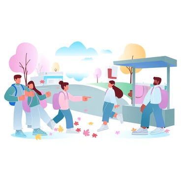 A group of children is standing eagerly at a bus stop, wearing light jackets suitable for the cool autumn weather. They are surrounded by vibrant fallen leaves in shades of red, orange, and yellow scattered on the ground. The children are holding their backpacks, some are pointing towards the road, anticipating the arrival of the school bus. In the background, there are trees with colorful foliage, and a clear blue sky can be seen above. The scene conveys a sense of excitement and the beauty of autumn.