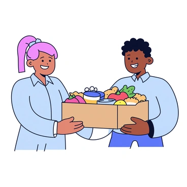 A friendly volunteer is handing a food package to a grateful client. The client is smiling and showing appreciation. The food package is filled with various items, including canned goods, fresh vegetables, and a loaf of bread. The volunteer is wearing a light blue shirt and has a welcoming demeanor. The setting is simple, with a clean backdrop that emphasizes the interaction between the two individuals.