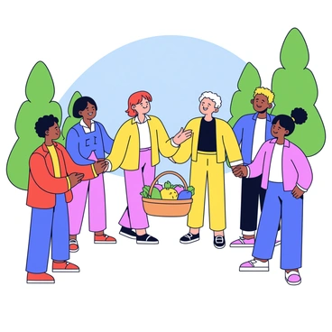 A group of six people stands in a circle, each holding hands. They are dressed in simple, earth-toned clothing. In the center of the circle, there is a small basket filled with various fruits and vegetables, representing the harvest. One person is gesturing with their free hand as they share a story. Another person has a joyful expression, listening intently. The background shows tall, green trees and bright, clear blue skies, emphasizing a connection to nature.