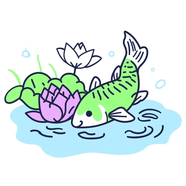 A koi fish is swimming gracefully in a serene pond. The fish exhibits vibrant patterns and scales, gliding through the water with ease. Surrounding the koi fish are blooming lotus flowers, their petals fully opened and displaying intricate details. The flowers float on the surface of the water, with some leaves providing a backdrop. A few ripples in the water emanate from the movement of the koi, creating a dynamic interaction between the fish and the flowers.