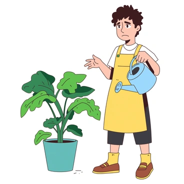 A plant with soggy leaves and a concerned gardener holding a watering can