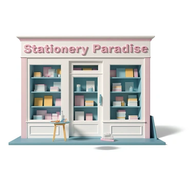 A stationery shop storefront with large glass windows displaying an array of colorful papers, pens, and notebooks. The shop's entrance is adorned with a bright sign that reads "Stationery Paradise" in bold letters. Inside, shelves are neatly organized with various stationery items, showcasing vibrant hues of paper and neatly stacked notebooks. A few pens are artistically arranged on a table outside, enticing customers to explore the offerings. The shop is well-lit, highlighting the colors and textures of the products within.