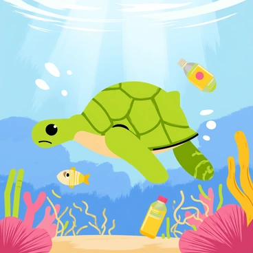 A sad sea turtle swimming through a colorful underwater scene filled with various types of plastic waste. Brightly colored plastic bottles, bags, and straws float around the turtle. Discarded fishing nets are tangled in coral reefs nearby. The turtle's expressive eyes indicate its sadness, contrasting with the vibrant marine life surrounding it, including colorful fish and coral formations. Sunlight filters down from the surface, illuminating the scene.