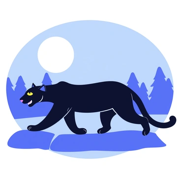 A black panther with sleek fur is prowling on a rocky surface. The full moon is bright and illuminates the night sky, casting a soft glow over the landscape. The panther's body is low to the ground, and it is poised as it moves stealthily. The moonlight creates a long shadow of the panther extending behind it across the rocky terrain. In the background, the silhouette of distant trees can be seen against the illuminated sky.