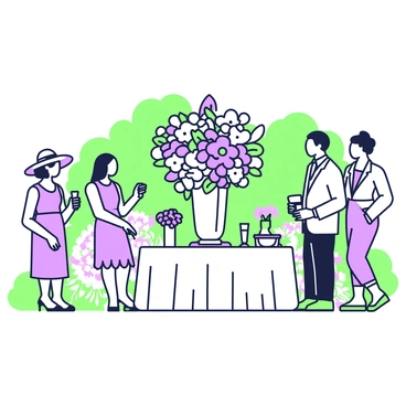 A garden party is underway with guests mingling in a vibrant setting. In the center of the scene, there is a large floral arrangement featuring various flowers in full bloom, elegantly arranged in a decorative vase. Surrounding the arrangement, groups of guests are engaged in conversation, some holding drinks in hand. One guest is wearing a wide-brimmed hat and a sundress, while another is dressed in a light-colored suit. There are several tables set with white tablecloths, adorned with small vases of flowers. Lush greenery and colorful flower beds frame the background, enhancing the festive atmosphere.