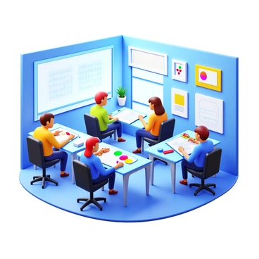 A group of illustrators collaborating in a modern studio environment. Several artists are seated at sleek desks, each focused on their digital tablets. The studio is well-lit with large windows allowing natural light to flood in. Various tools, such as styluses and color palettes, are visible on the desks. The walls are adorned with artwork and sketches showcasing different styles and ideas. A large screen displays ongoing work, creating a dynamic atmosphere of creativity and teamwork.